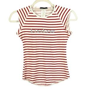 bebe Sport Red & White Striped Glitter Logo Tee S